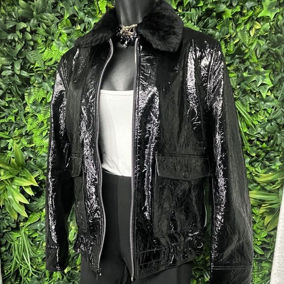 7 FOR ALL MAN KIND Women Jacket Small Black Leather Lamb Fur Collar $695 NW 1610 - Picture 1 of 16